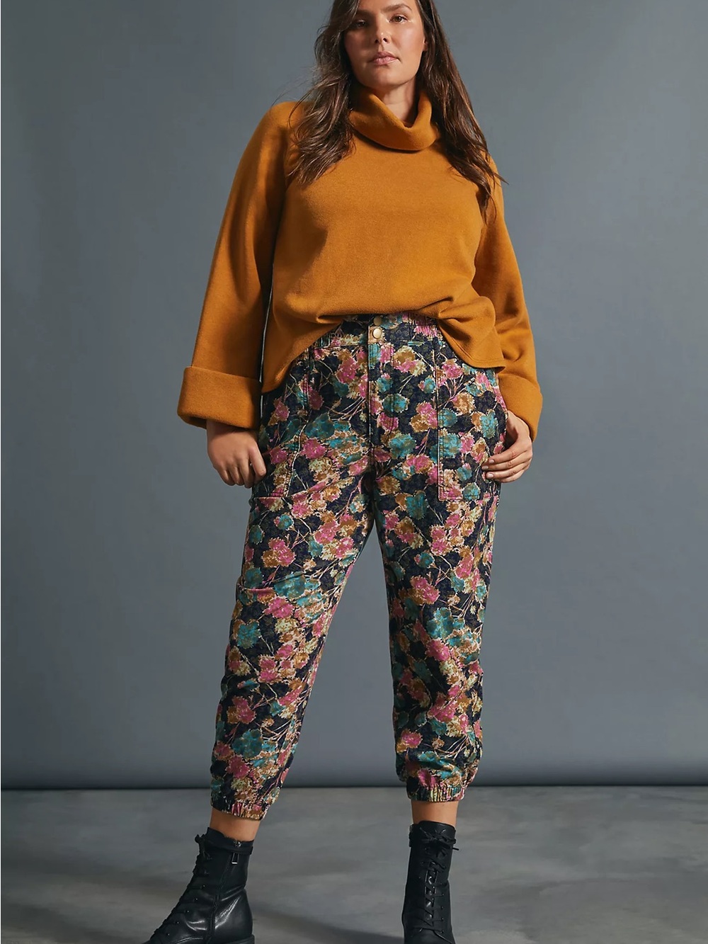 Anthropologie Floral Velvet Joggers - Teal, Pink, Gold on Black - Picture 2 of 9